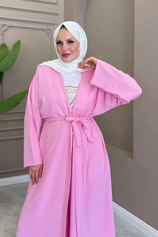 Balenbi Kadın Kuşaklı Kimono Hırka Bol Paça Pantolon Takım Tesettür 2'li Kombin 1230 Pembe