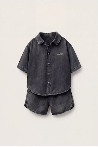 Magu Çocuk Pamuklu Füme Yıkamalı Denim Oversize Gömlek Şort Takım Antrasit