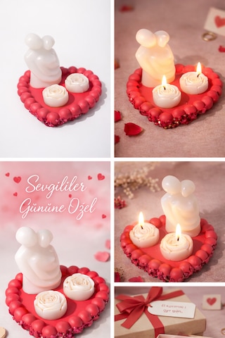 Sevgili Çift Biblo & Gül Mumlu Kalp Tepsi Vanilya Kokulu Romantik Dekor Seti Çok Renkli