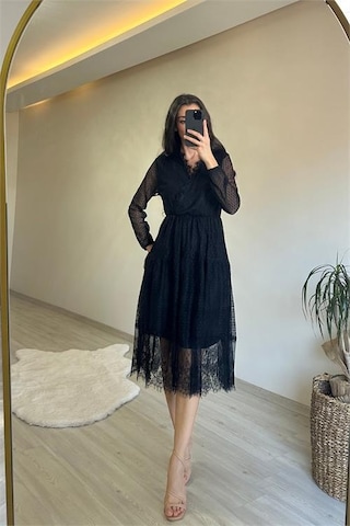 Neşeli Butik Kadın Kruvaze Yaka Dantelli Tül Elbise Nm010 Siyah
