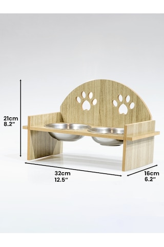 Oval Pati Desenli Ahşap İkili Çelik Kaseli Kedi Su ve Mama Kabı