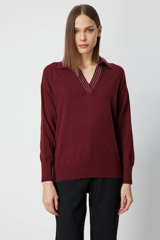 On Kadın Polo Yaka Zincir Detaylı Triko Kazak 66336 Bordo Bordo