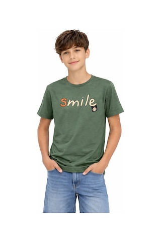 İrem Çocuk Giyim Erkek Çocuk Önü Smile Yazılı Sırtı Emoji Desenli Haki Renk Tişört Haki