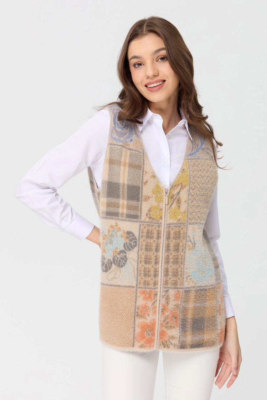 Desen Triko Kadın V Yaka Patchwork Yelek Bej Bej