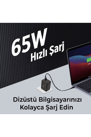 Bix BX1P65G GaN 65W Led Göstergeli Hızlı Şarj Cihazı Siyah