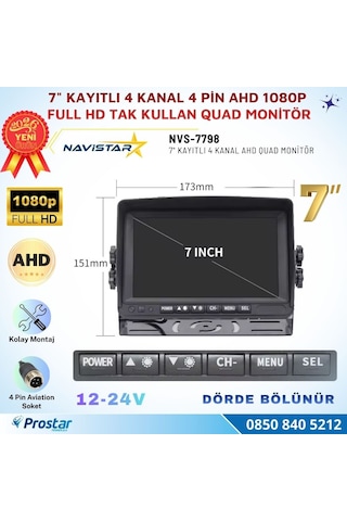 Kayıtlı 7 İnç 4 Kanal Full Hd Quad Ahd/analog 4 Pin Araç Monitörü 256 Gb Sd Kart Destekli 12-24v