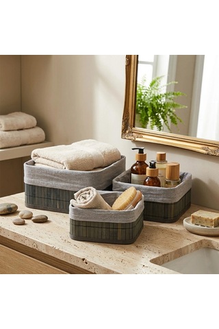 Gri 3 Boy Kare Bambu Kenar Organizer Sepet Ahşap Altlık - Bezli 17x21x25cm 5468 Çok Renkli