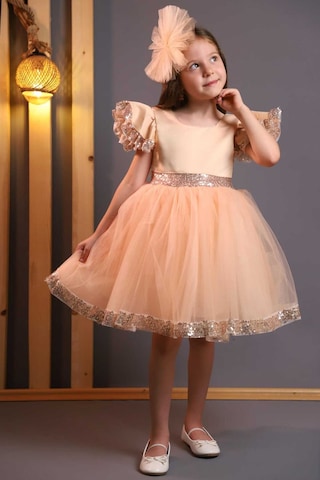 Kız Çocuk Tül Beyaz Pembe Kırmızı Tokalı Prenses Doğum Günü Bayram Abiye Mezuniyet Şık Elbise Bej