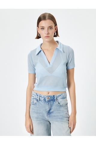 Koton Crop File Tişört Polo Yaka Kısa Kollu Mavi 4sak50489ek Mavi