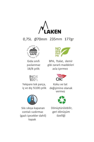 Laken Çelik 18/8 Vintage Basic Şişe 0,75l - Siyah Lkbsh75ne Çok Renkli