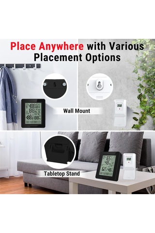 Jeehugo Dijital Hava İstasyonu: İç/ Dış Sıcaklık Nem Ölçer, Maks/ Min Kayıt, Sıcaklık Trendi, Alarm Fonksiyonu, Beyaz Arka Işık - Pil Yok Siyah