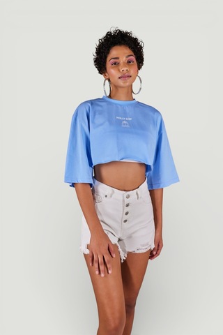 Holly Lolly Bisiklet Yaka Holly Crop Tshirt Mavi