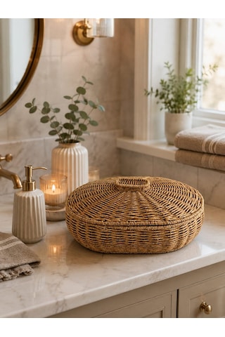 Morponi Kapaklı Oval Bambu Masaüstü Organizer - Banyo Ve Ev Düzenleyici Hasır Kutusu Cos-9217 Sarı