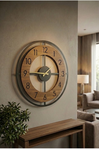 Aa Shop Desenli Sessiz Duvar Saati 50 CM Ahşap - Ceviz - Siyah Siyah Ceviz
