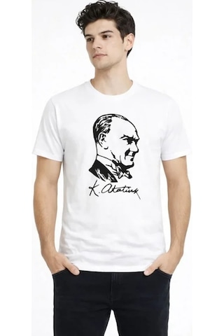 Hazego Erkek Atatürk Baskılı Tişört Kısa Kollu Bisiklet Yaka T-shirt - Beyaz