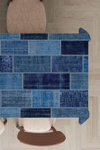 Mavi Patchwork Dokuma Leke Tutmaz Masa Örtüsü Mso297n11