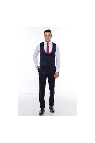 Desenli Kruvaze Koyu Lacivert Erkek Yelek Pantolon Set - Wessi