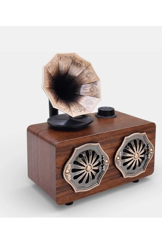 Gerçek Ahşap Gramofon Görünümlü Bluetooth Hoparlör & Nostaljik Radyo
