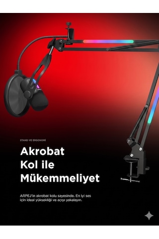Arpej Rgb Masa Standlı Ses Göstergeli Dokunmatik Oyuncu Mikrofonu Yayıncı Mikrofonu Gaming Beyaz Siyah - ÜRün siyah