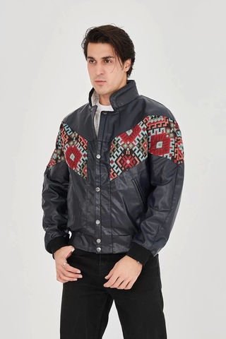 Erkek İçi Astarlı İçten Yaka Kısmı Peluşlu Suni Kumaş Vintage Ceket - Lacivert Lacivert