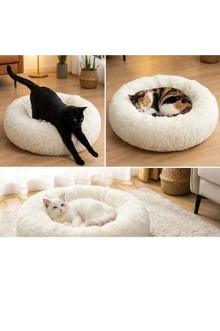 Yuvarlak Ultra Yumuşak Welsoft Peluş Kedi Ve Köpek Yatağı Kaymaz Taban Tüylü Pet Pufu,uyku Minderi Krem 5580