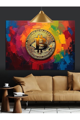 Renkli Fonda Bitcoin Sembolü Dekoratif Kanvas - Mdf Ahşap Tablo