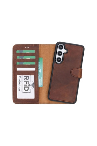 Samsung Galaxy S25 Uyumlu, Hakiki Deri, El Yapımı, Cüzdanlı Kılıf, Antik Kahve
