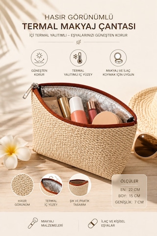 Adelina Bags Termal Yalıtımlı Güneşten Koruyan Makyaj İlaç Çok Amaçlı Bakım Çantası Hasır Görünümlü Çanta Diğer