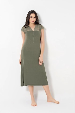 Monamise 18487 Kadın Kısa Kollu Brode Dantelli Gecelik-haki Haki