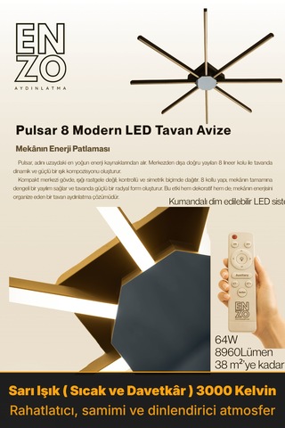 Pulsar Füme Modern Led Tavan Avize - Aşağı Işık Kumandalı Dim Edilebilir Sarı Işık
