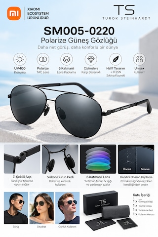 Xiaomi Ts Polarize Güneş Gözlüğü Tac Lens Pilot Aviator Style Uv400 Metal Çerçeve Siyah Unisex Sm005-0220