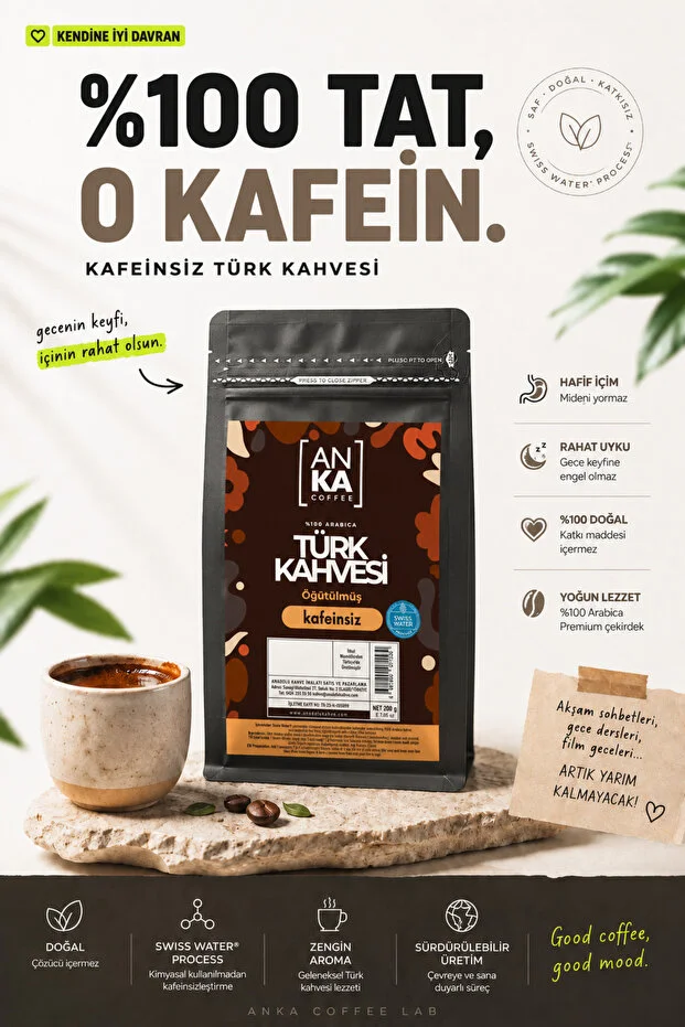 Kafeinsiz Öğütülmüş Türk Kahvesi 200g Çekirdek Kahve