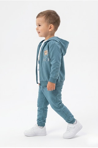 Toontoy Kids Toontoy Erkek Çocuk 3'lü Eşofman Takımı Uzun Kollu Bisiklet Yaka Nakışlı T-shirt - Kapüşonlu Fermuarlı Hırka- Beli Paçası Lastikli Eşofman Altı 25045 Mavi