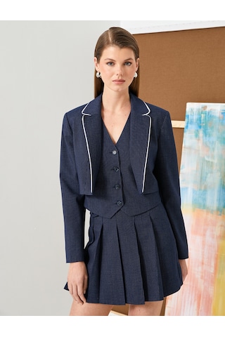 Koton Crop Blazer Ceket Biye Detaylı Lacivert Çizgili 4sak50095uw Lacivert Çizgili Lacivert