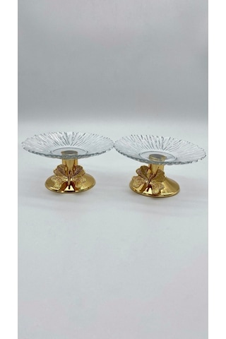 2'li 13cm Gold Kelebek Detaylı Metal Ayaklı Cam Lokumluk , Sunumluk , Şekerlik, Çerezlik Gold