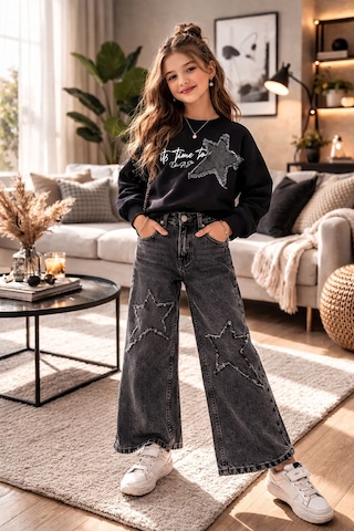 Uğur Bebe Kız Çocuk Yıldız Aplikeli Sweatshirt Jean Pantolon Takım Yıldız Detaylı Wide Leg Pantolonlu Kombin Siyah Siyah