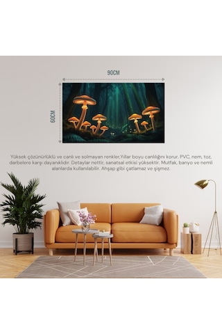Doğa Ve Manzara Yatay Parlayan Mantarlar Ve Büyülü Işık Huzmeleri Mistik Orman 01 Çerçevesiz 90x60cm Pvc Tablo