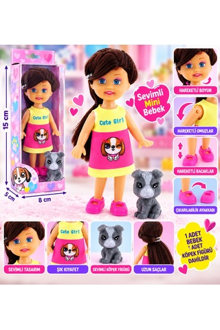 Cute Girl Gri Köpekli Ve Kumral Mini Bebek Nhr
