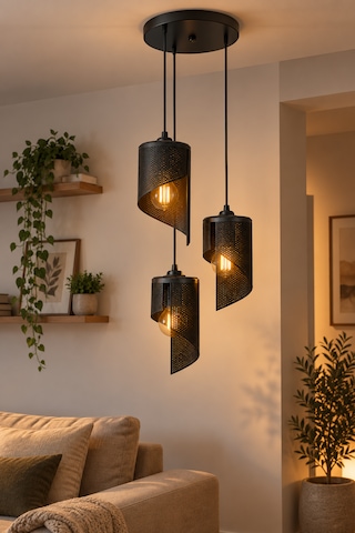 3'lü Spiral Sarkıt Avize Modern Dekoratif Salon Yemek Masası 3 Rustik Led Ampul Hediyeli Siyah