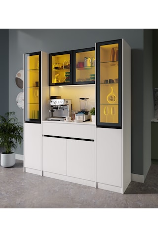 Lotus Maxi Kahve Köşesi Komple Mdf Led Aydınlatmalı Mutfak Kahve Dolabı Beyaz