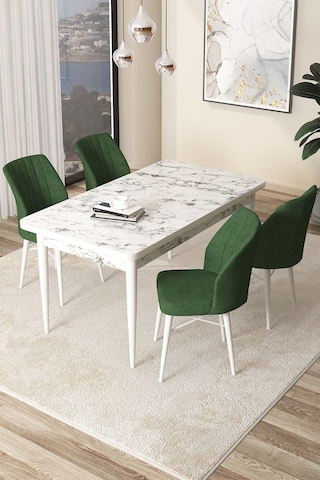 Canisa Concept Arp Serisi 70x110 Sabit Mutfak Masası Takımı Beyaz Mermer Desen Masa 4 Haki Yeşil Sandalye Masa Barok Ahşap Desen Sandalye Haki Yeşil