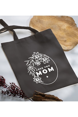 Bk Gift Anneler Günü Tasarımlı Antrasit Kumaş Bez Çanta, Baskılı Omuz Çantası, Alışveriş Çantası, Anneler Günü Hediyesi, Anneye Hediye-4 Çok Renkli