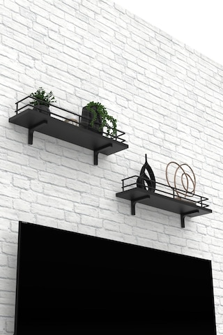 Modern Tasarımlı Metal Korkuluklu Siyah Ahşap Duvar Rafı İkili Siyah