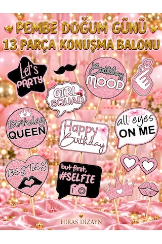 Hiras Dizayn Pembe Doğum Günü Konuşma Balonu Seti 13 Parça Standart