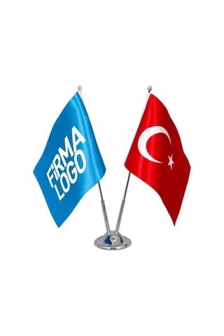Kişiye Özel Masa Bayrağı - Firmaya Özel Çift Direkli Logolu Masa Üstü Bayrak Standart