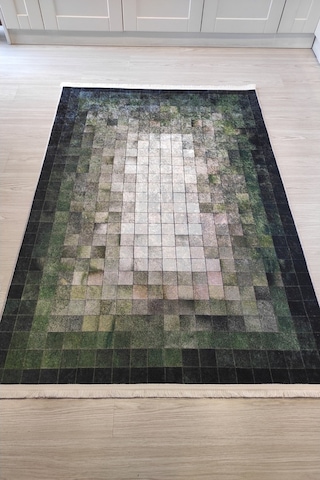 Yeşil Siyah Krem Damax Desenli Salon Halısı Butik Halı Modelleri