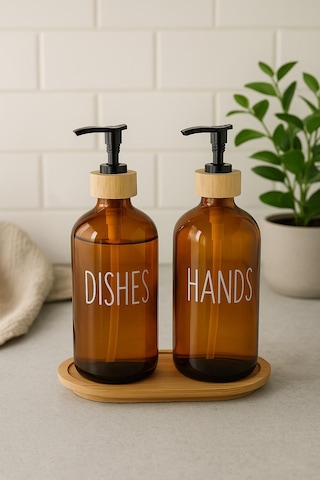 Amber Cam İkili Sıvı Sabunluk Seti 500 Ml Bambu Altlıklı Sarı