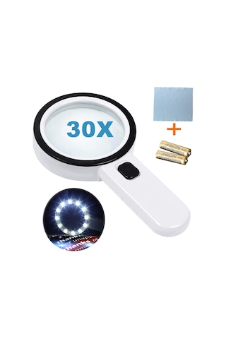 Vkemall 30x Büyütme 12 Led Işıklı Elden Tutulan Magnifiye Cam Lens - Kâğıt, Antika Ve Gümüşçü İçin, Pil Ve Cam Temizleme Bezi İle