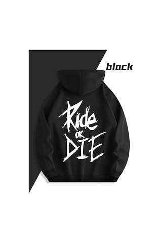 Nevermind Oversize Hoodie Ride Or Die Baskılı Unisex Kapüşonlu Sweatshirt Siyah