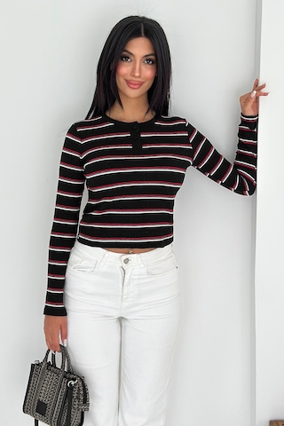 Noa & Noa Kadın Çizgili Düğme Detaylı Bluz Retro Stripe Siyah